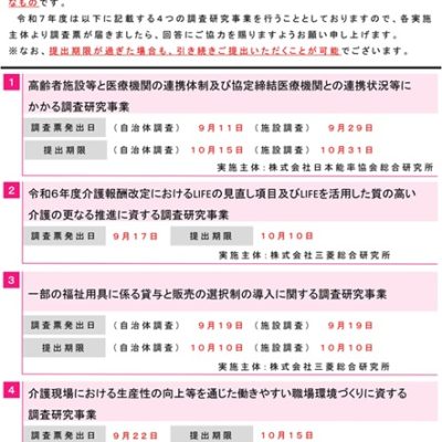 令和６年度介護報酬改定の効果検証及び調査研究に係る調査(令和７年度調査)への協力依頼について (介護保険最新情報vol.1422)